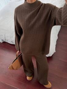 Livesso 女士宽松商务休闲优雅办公室装，棕色高领针织毛衣和直筒裤套装，秋冬 - 棕色 - 查看 2