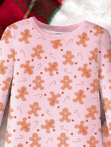 2pcs/Set Toddler Girls Cute Gingerbread Print Pattern Pink Christmas Round Neck Long Sleeve Snug Fit Knit Stretch Fabric Soft Pajama Set Snug Fit Mommy And Me Pajama Set