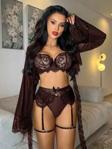 SHEIN Conjunto de lencería sexy de 6 piezas para mujer que incluye: Blusa holgada de encaje y malla de estilo gótico elegante y maduro + tanga + liguero + 2 anillos para las piernas + bata larga con cordones de encaje - Café integral - Ver 3