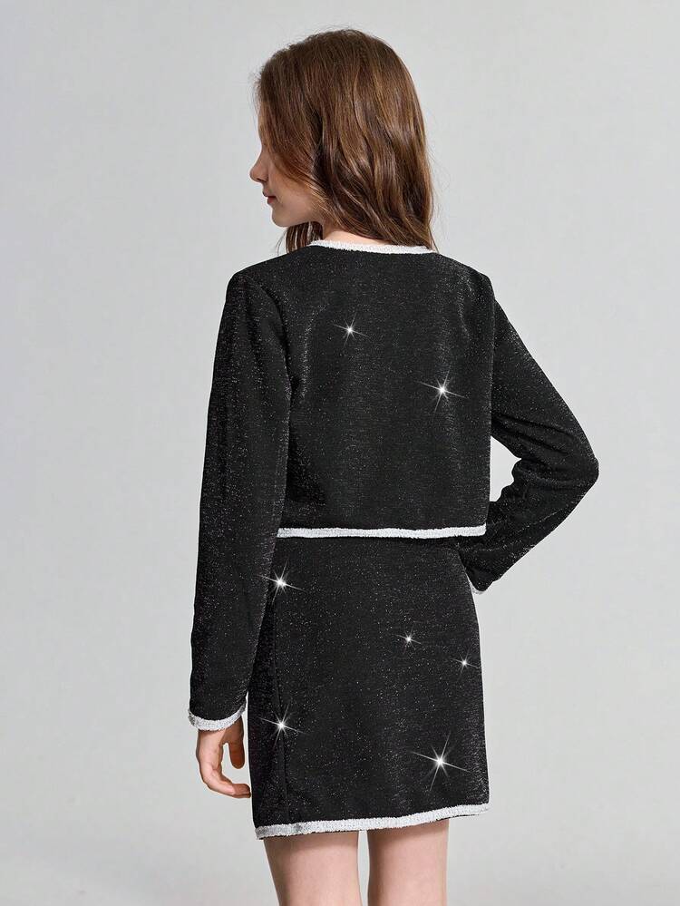 Tween Girl Colorblock Sequin Jacket & Skirt 2 Pieces Set Fall Winter