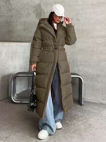 EURMUSE Belt DETAILED FUR ADDED LONG WINTERCOAT - Mocha Brown - View 1