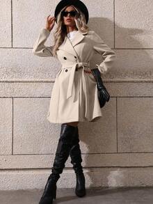SHEIN PETITE Women's Casual Double-Breasted Overcoat, Autumn/Winter - Beige - View 5