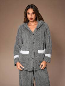 Lazeform Bộ đồ ngủ nữ vải Jacquard hai túi chắp vá màu tương phản, áo trùm đầu và quần dài, quần áo mùa đông, bộ đồ ngủ bông màu xám ấm áp, bộ đồ ngủ len bông cho nữ - Xám - Xem 5