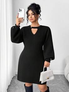 Elenzga Plus Size Casual Pearl Button Sweater Dress - Black - View 3