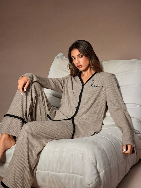 Lazeform Women's Knitted Ribbed Fleece Embroidered Text Lapel Collar Long Sleeve Pajama Set