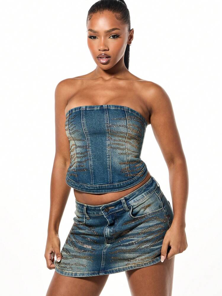 SUMWON WOMEN Corset en jean strass avec dos en dentelle