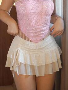 Sweetina Váy ren lưới hai lớp xếp ly eo cao xẻ tà cao dành cho nữ - Màu be - Xem 1