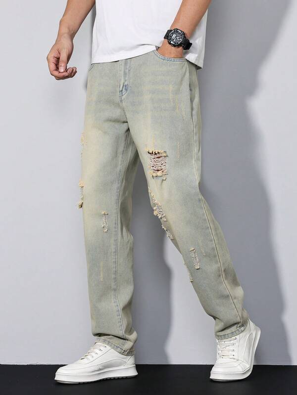 Manfinity Homme Jeans de mezclilla casual de uso diario con bolsillos en ángulo y efecto desgastado para hombres