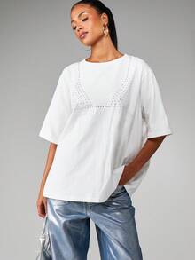 MISSGUIDED Tricou de vară pentru femei, cu mânecă scurtă, cu guler rotund, supradimensionat, cu detalii stras, stil casual, stil simplu - alb - Vizualizare 6