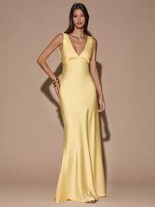 SHEIN BAE Sexy Minimalist Solid Color Yellow/Cream Deep V-Neck Sleeveless Backless Tie Maxi Dress, Suitable For Party, Cocktail, Formal Occasions, Bridesmaid, Birthday, Christmas, Business Casual Open Back Dresses Yellow Wedding Guest Dress,Dresses For Women Elegant,Valentine's Day,Valentine Outfits For Women