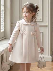 SHEIN 2 件套女童秋季连衣裙，长袖蝴蝶结装饰连衣裙和帽子 - 杏色 - 查看 1