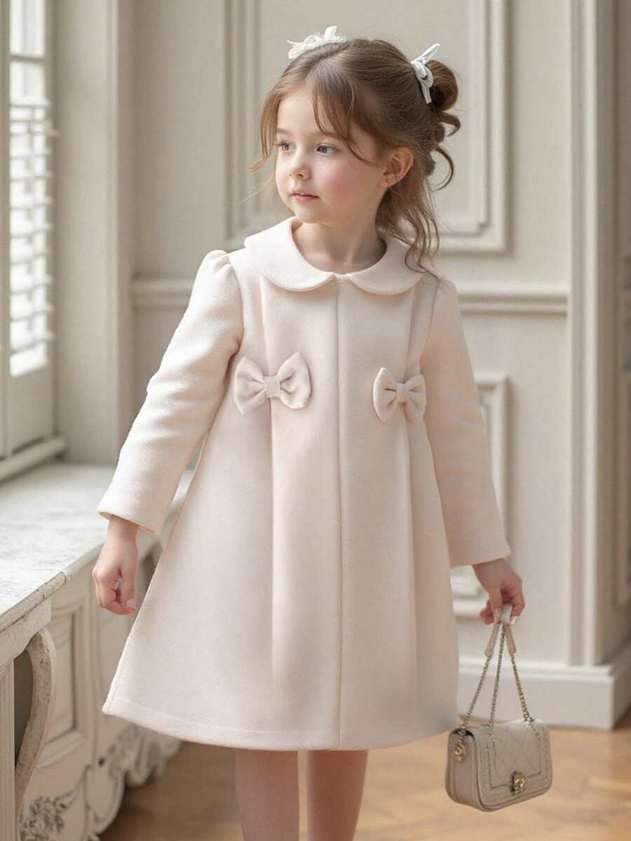 SHEIN 2 件套女童秋季连衣裙，长袖蝴蝶结装饰连衣裙和帽子 - 杏色 - 查看 1