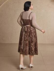 Dazy Plus Samt Blumen Slip Kleid, vielseitig elegantes Kleid für Party, Date, Herbst/Winter - Khaki - Übersicht 2
