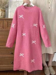SHEIN Tween Girls' Casual Bowknot Pattern Knit Dress - Pink - View 1