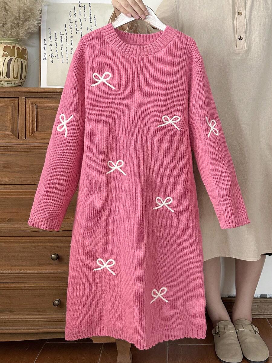 SHEIN Tween Girls' Casual Bowknot Pattern Knit Dress - Pink - View 1