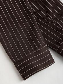 Sweetra Áo cánh tay dài họa tiết kẻ sọc cổ bẻ thời trang, màu sắc tương phản, ôm sát eo, tôn dáng cho nữ - màu nâu - Xem 3