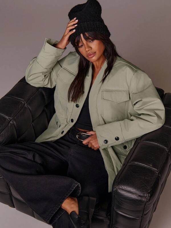 Athîral Women's Casual Everyday Commute Simple Solid Color Flap Pocket Padded Coat, Autumn/Winter