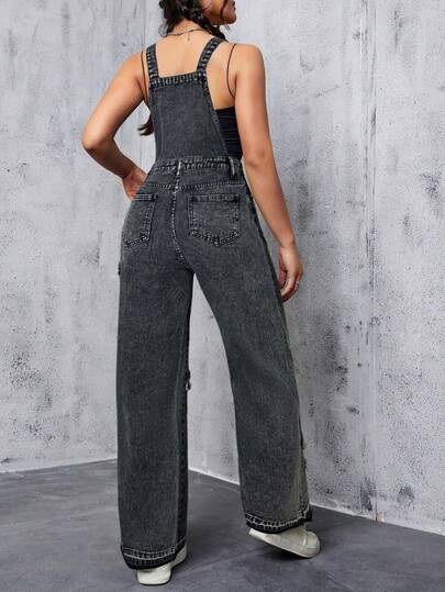 SHEIN 少女磨边星星拼接灰色牛仔宽松工装裤