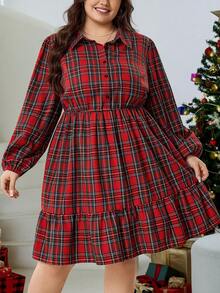 SHEIN CURVE+ Plus Size Plaid Shirt Dress, Red Christmas Holiday A-Line Loose Skirt Plus Size Christmas Red Plaid Dress Plus Size - Red - View 5