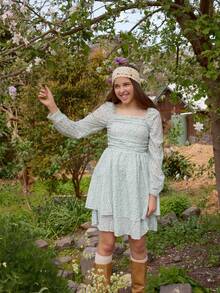 Teen Girls' Spring/Autumn Gingham Print Fitted Bubble Sleeve Crew Neck Casual Dress For Outing, Party, Vacation - Baby Blue - View 8