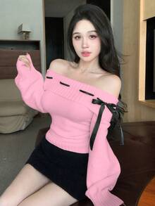 DAZY Áo len dài tay hở vai đính nơ trang trí ngày lễ tình nhân mùa xuân cho nữ dễ thương - Màu Hồng baby - Xem 4