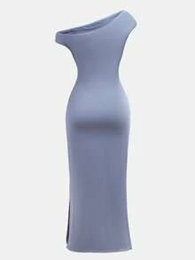 SHEIN 青少年女孩休闲优雅不对称领口褶饰腰部紧身针织长裙，适合万圣节派对、返校装、聚会、郊游，蓝色 - 藍色 - 查看 2