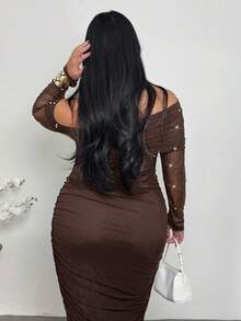 Firerie Đầm maxi trễ vai màu nâu thanh lịch đính ngọc trai nhún bèo ôm sát tôn dáng cho ngày lễ tình nhân dành cho nữ cỡ lớn - màu nâu - Xem 2