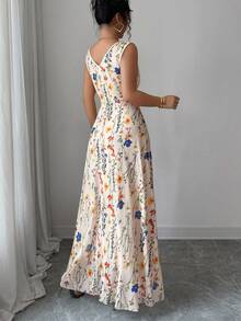 Rafferiza Đầm chữ A không tay cổ tròn phối lưới họa tiết hoa thanh lịch dành cho nữ, eo thắt eo - Màu be - Xem 3