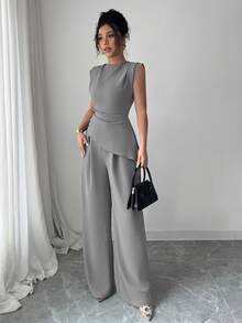 Rafferiza 2件套女士纯色纹理褶皱圆领无袖上衣 - 灰色 - 查看 6