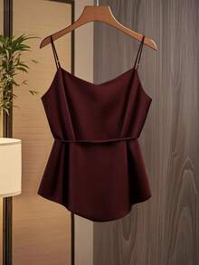 GlowEve 女士时尚休闲 V 领褶皱环绕式蝴蝶结腰带 A 字形吊带背心 - 酒紅色 - 查看 2