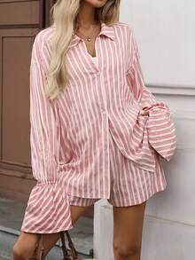 INAWLY 2pcs Women Casual Striped Front Button Shirt And Shorts Set Fall Cloth For Women - Pink - View 4