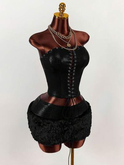  Y2K Amplova Women's Chic 2pcs/Set PU Faux Crocodile Skin Eyelet Lace-Up Sleeveless Crop Top & Faux Fur Trim Mini Skirt, Autumn/Winter Thanksgiving And New Year Party Dress