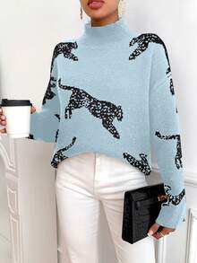 SHEIN Clasi Áo len cổ lọ tay dài họa tiết động vật dành cho nữ - Màu xanh nhạt - Xem 4