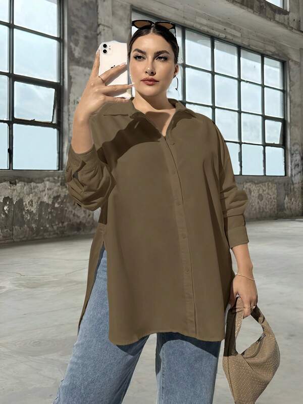 SHEIN Essnce Khaki Plus Size Women's Autumn Long-Sleeved Button-Down Shirt,Smart Casual Everyday Loose Oversize Tops,Old Money Style Work Blouses,High Side Slit