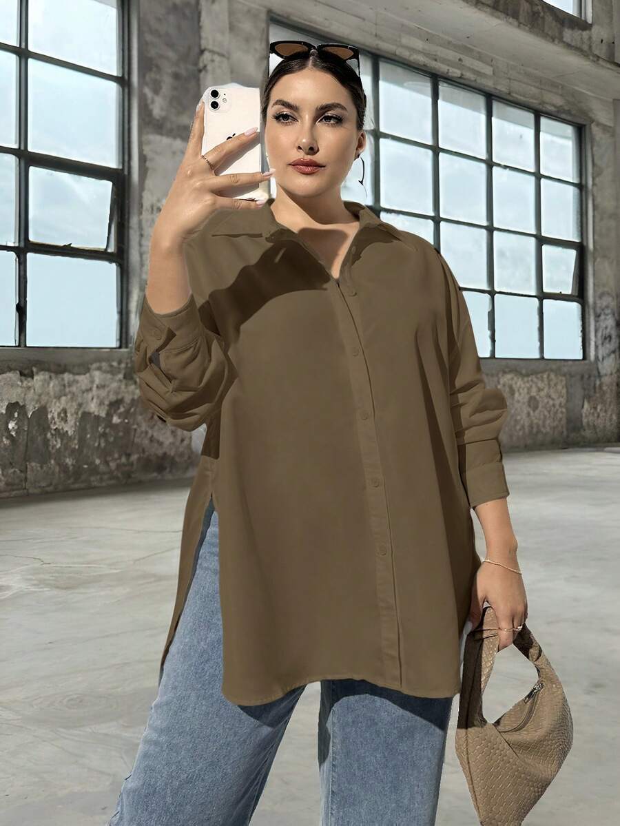 SHEIN Essnce Khaki Plus Size Women's Autumn Long-Sleeved Button-Down Shirt,Smart Casual Everyday Loose Oversize Tops,Old Money Style Work Blouses,High Side Slit - Coffee Brown - View 1