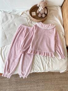 SHEIN Vintaside Kids 青少年女孩休闲蕾丝花边拼接领长袖上衣和裤子两件套睡衣套装 - 藕粉色 - 查看 2