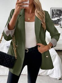 Franclia 法式格纹袖口略修身休闲通勤夏季西装外套 - 軍綠色 - 查看 4