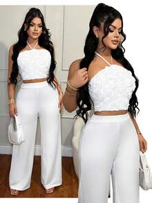 SHEIN SXY Damen Große Größen 3D Blumen Dekor Trägertop und weite Hose modisches 2-teiliges Set - Weiss - Übersicht 6
