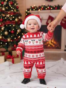 SHEIN 2pcs Baby Boy Red Thick Deer & Snowflake Pattern Loose Knit Jumpsuit With Jacquard Hat, Suitable For Christmas - Red - View 1