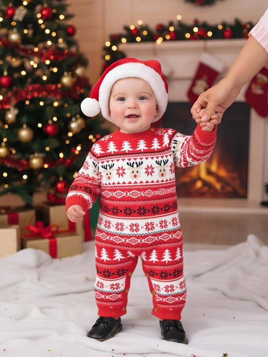SHEIN 2pcs Baby Boy Red Thick Deer & Snowflake Pattern Loose Knit Jumpsuit With Jacquard Hat, Suitable For Christmas - Red - View 1