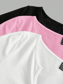 SHEIN EZwear 3 件套女式新款 V 领腰部褶皱紧身针织长袖 T 恤，初秋 - 粉色 - 查看 5