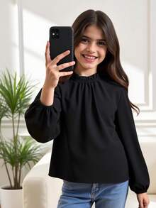 Tween Girl Solid Color Frill Trim Long Sleeve Loose Blouse - Black - View 1