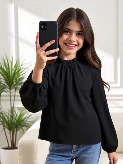Tween Girl Solid Color Ruffle Trim Long Sleeve Loose Blouse