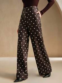 Anewsta 城市通勤波尔卡圆点高腰垂坠休闲女式西装裤，适合春季、夏季、节日、假日、度假、优雅、商务休闲 - 棕色 - 查看 4