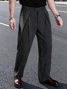 Manfinity Homme 男士宽松条纹阔腿裤，休闲时尚百搭长裤，细条纹西裤，男士褶裥西装裤，男士宽松西装裤 - 黑色 - 查看 4