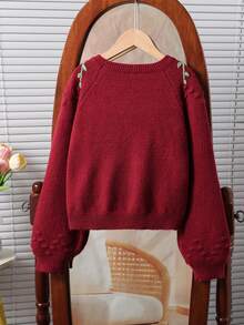 女童乡村手工刺绣可爱圆领长袖针织毛衣上衣，秋冬 - 酒紅色 - 查看 2
