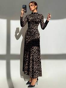 Aloruh Vestido de manga larga con cuello alto y estampado de leopardo para mujer - Multicolor - Ver 3
