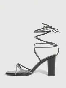 CUCCOO SZL Cross-Strap Rhinestone Chunky Heel Women's Sandals - Black - View 3
