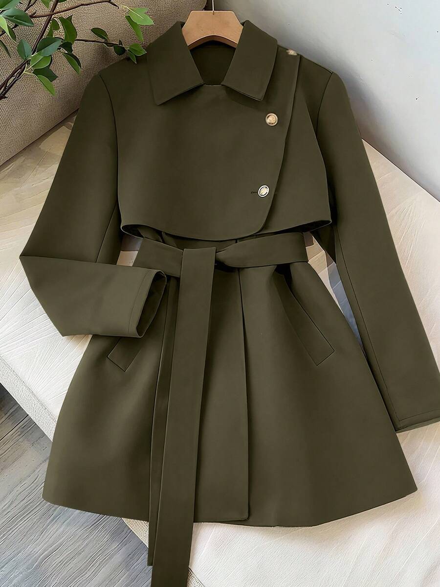 Franclia Fashionable French Retro H-Shaped Waist Belt Waist Cinching Lapel Camel Women's Autumn/Winter Windbreaker - Army Green - View 1