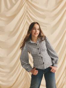 Teen Girl Casual Cute Black & White Plaid Versatile Long Sleeve Shirt, Autumn/Winter - Black and White - View 6